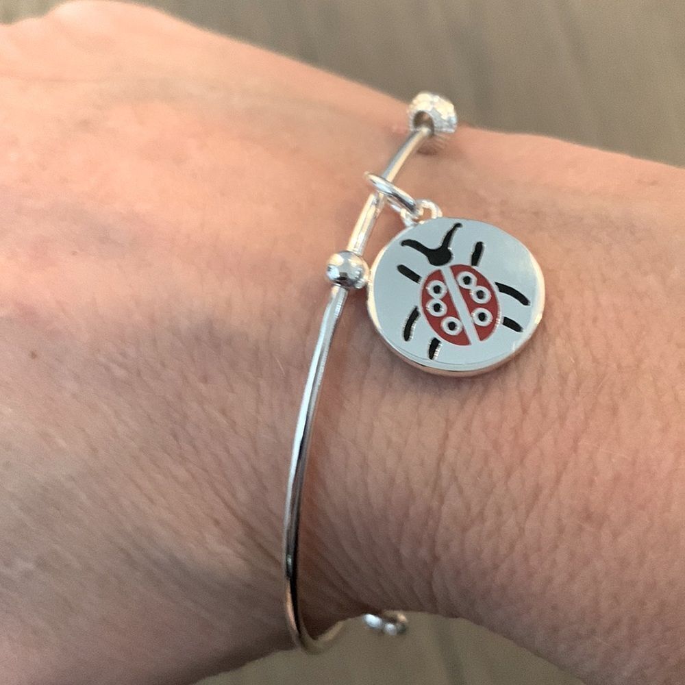 Ladybug Charm Bracelet – Vantel Pearls Silver Tone Bangle - Teen to Adult Size